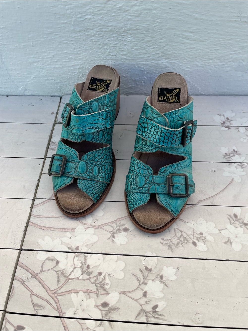 freebird Turquoise Croc-Embossed Buckle Clog Heel